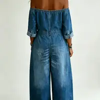 Women Off Shoulder Denim Jumpsuit 3/4 Roll Sleeve Button Front Wide Leg Jean Overalls Loose Fit Multi Pocket Casual Streetwear 2026 Summer Trendy Vacation Outfit - Image 4