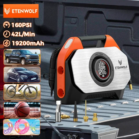 ETENWOLF VORTEX S6 휴대용 공기 압축기 100% 듀티 사이클 및 듀얼 실린더 19200 mAh 자동차 타이어 팽창기 자전거 펌프 공기 펌프
