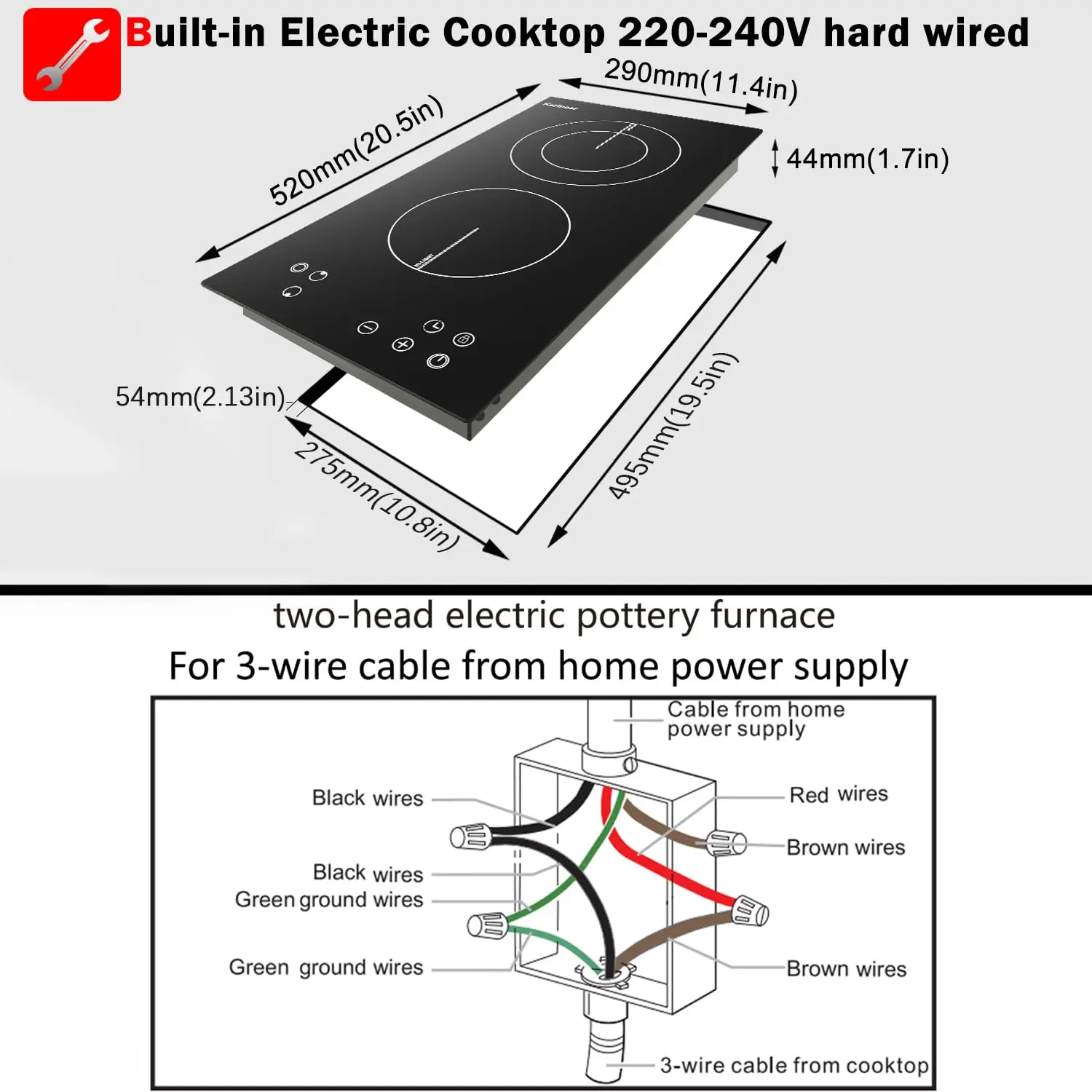 Karinear 2 Burner Electric Cooktop 12 Inch Built-in Electric Stove Top, 220v- 240v Radiant Cooktop with Residual Heat Indicator, Knob Control, Over-Temperature Protection, Hard Wire(No Plug)