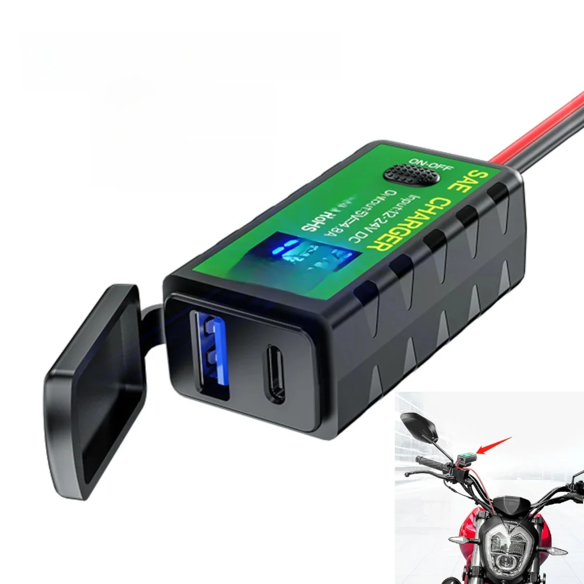 AliExpress NONE 12V/24V Type-C USB Motorcycle Charger Socket SAE Charging Adapter PD QC3.0 5V 4.8A 3.1A with Voltmeter Switch for Motor Bicycle