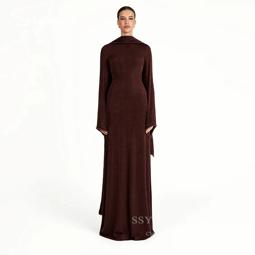 

SSYTENS Brown Velvet Evening Dresses Pearls Saudi Arabric Prom Dresses Long Sleeves Wedding Muslim Dubai Prom Gowns Customized