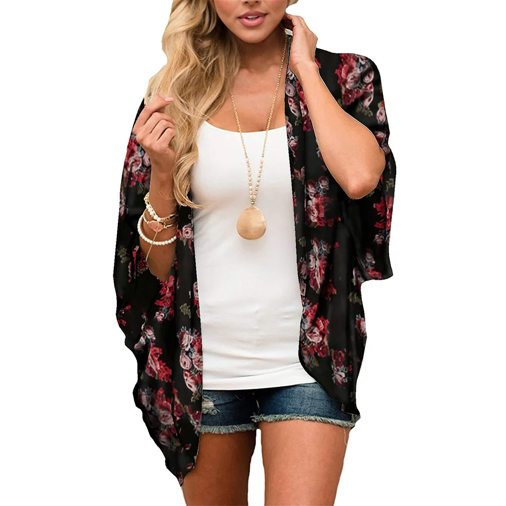 Dames Bloemen Chiffon Kimono Vesten Losse Strand Cover Up Tops Met Korte Mouwen Plavky Vrouwen 2023 Luxe Designerkleding Dames