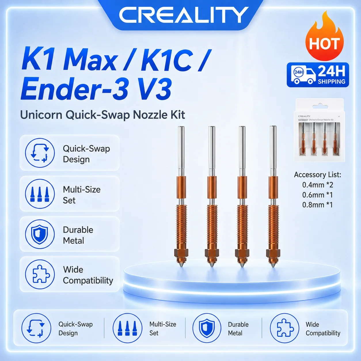 Creality K1 Max_K1C_Ender-3 V3 Unicorn Quick-Swap Nozzle Kit Upgraded 4PCS Hardened Steel Nozzles 0.4/0.6/0.8mm High-Speed