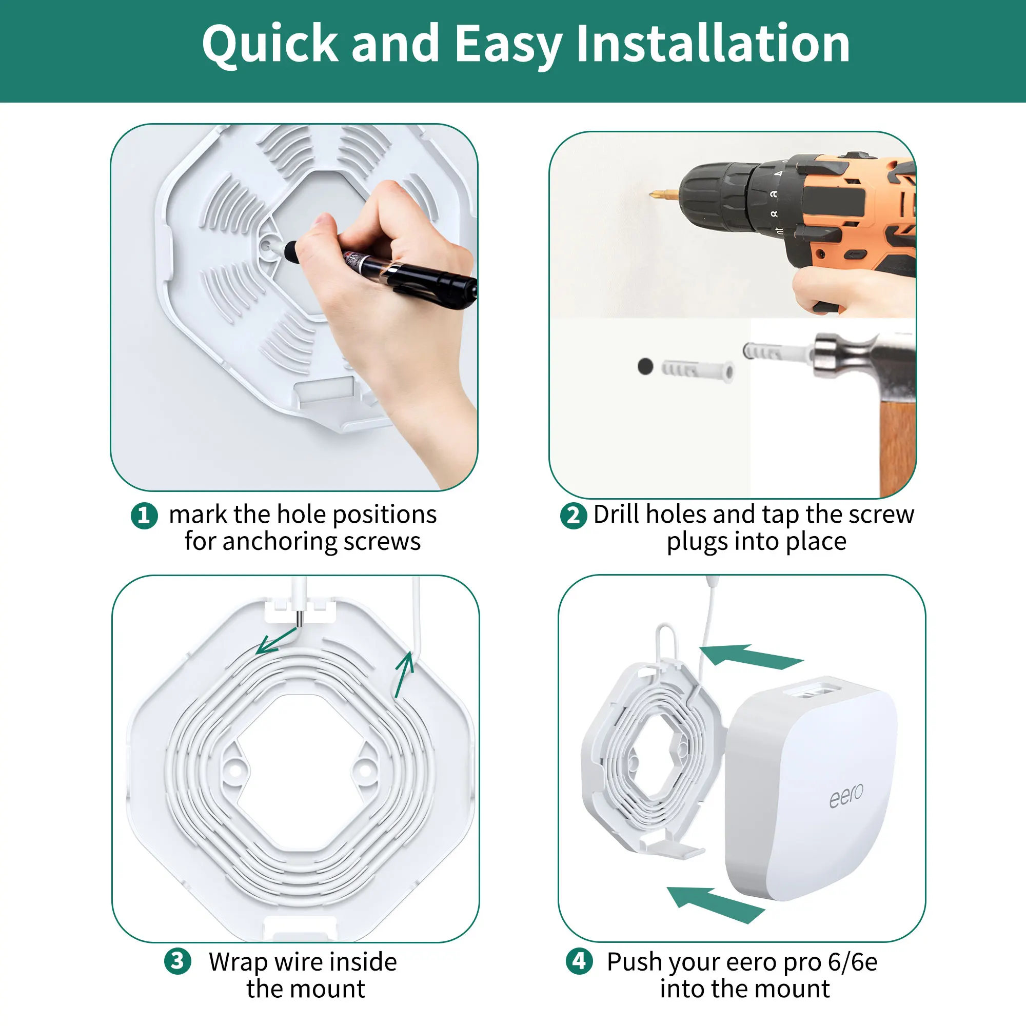 LINGYOU-حامل مثبت على الحائط لـ Eero Pro 6 ، نظام WiFi ، دعامة حامل حائط ، جهاز توجيه ، منظم سلك ، 6 موسع