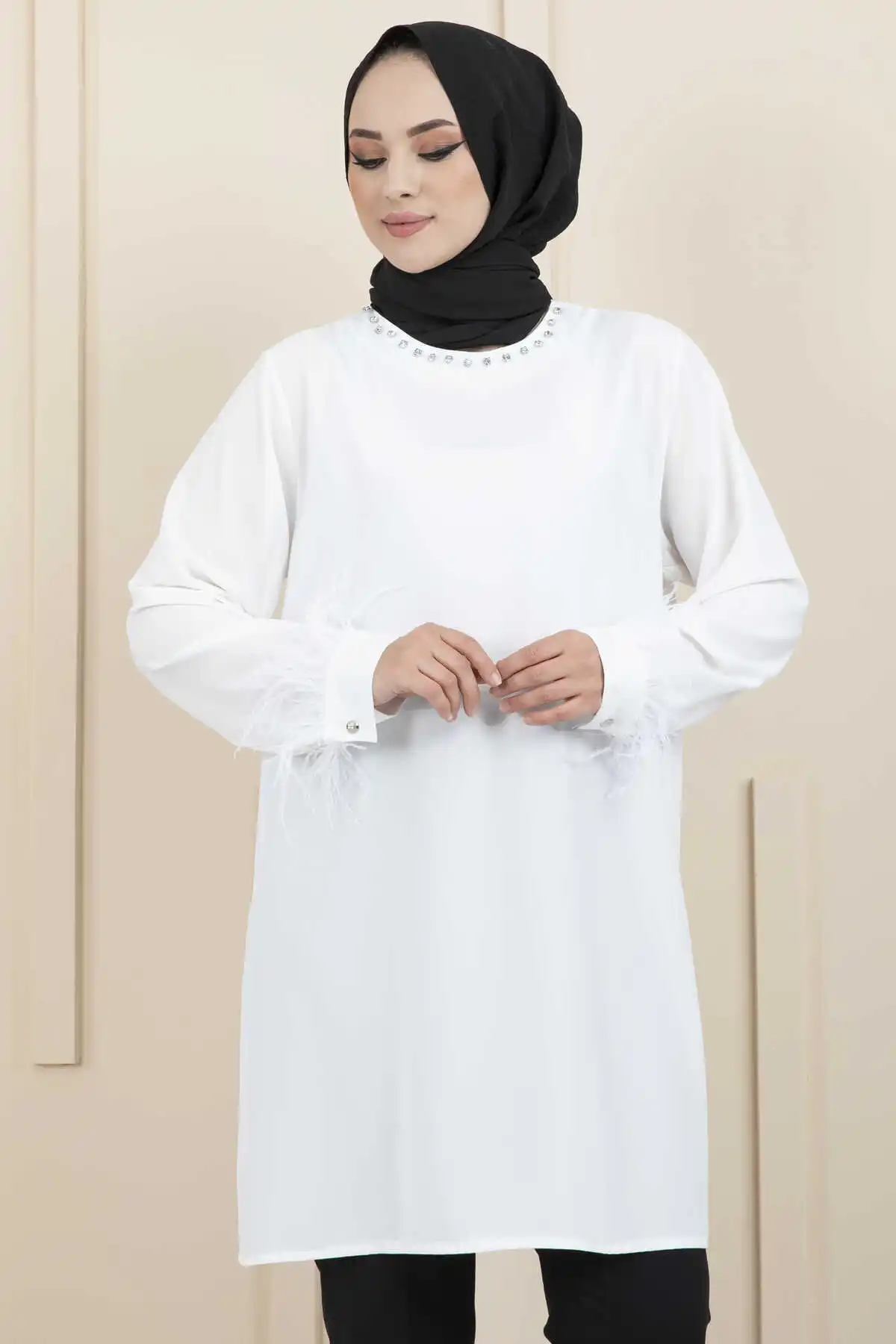 Women's Clothing Stone Feather Detailed Veiling Tunic Abaya Robe New Muslim Partiy Hoodie Turkey African Prayer Garment Kaftan