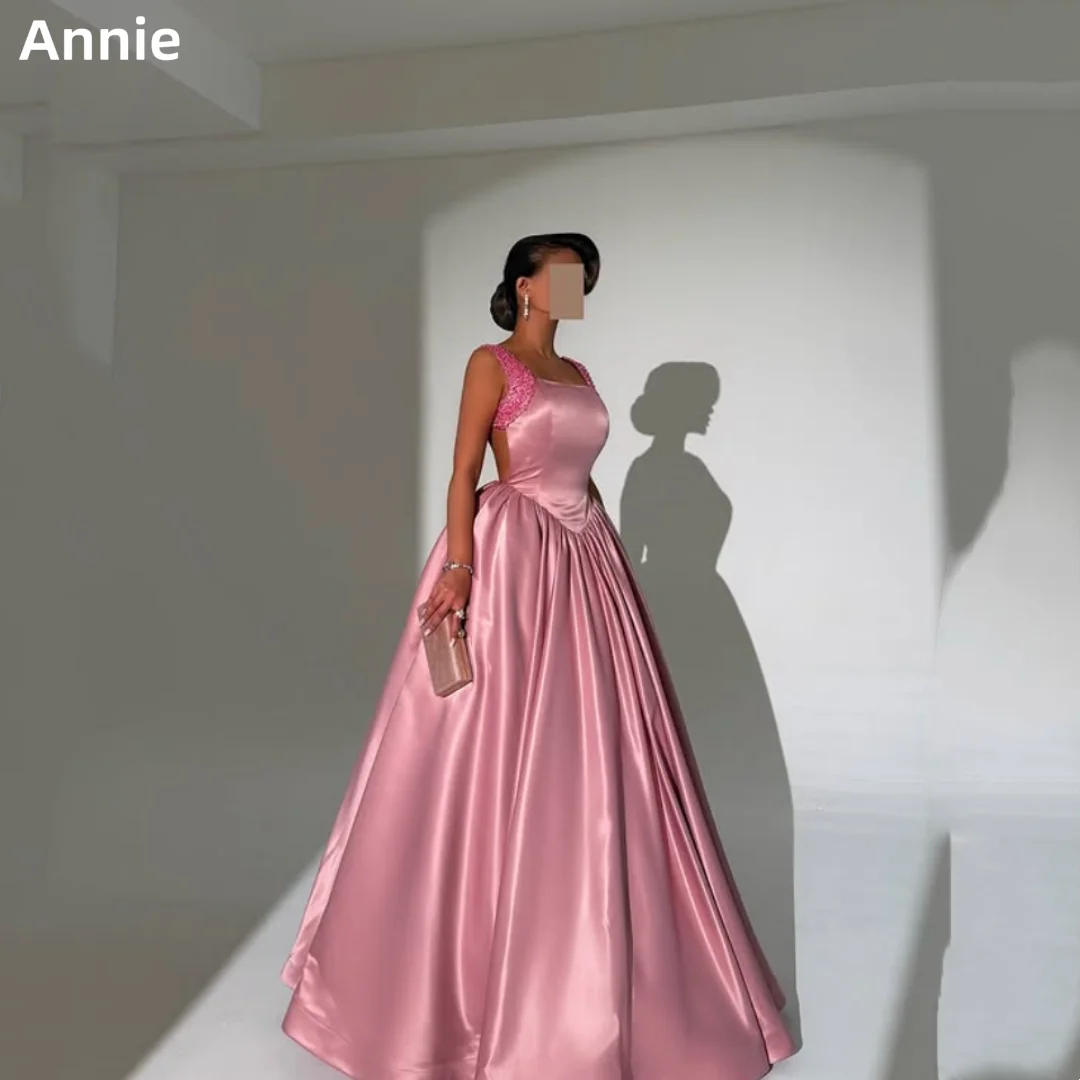 

Annie Glitter Beads Prom Dresses Pink Satin Luxury Evening Dresses A-Shape Elegant Lady Party Dresses فساتين سهرة