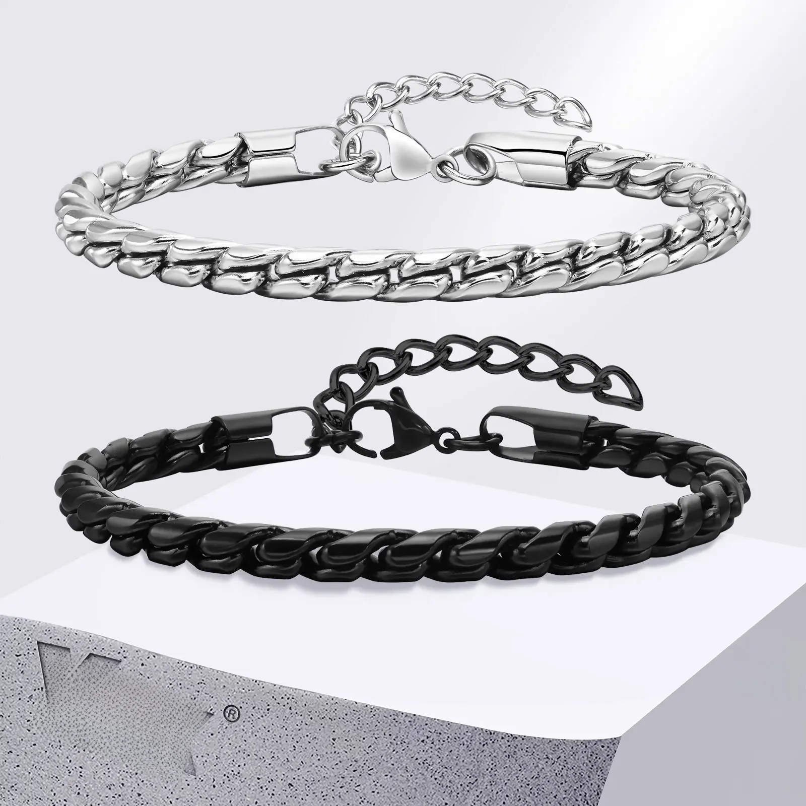 Vnox Punk Männer Schlange Glieder kette Armbänder, schwarz Silber Farbe verdreht Edelstahl glänzende