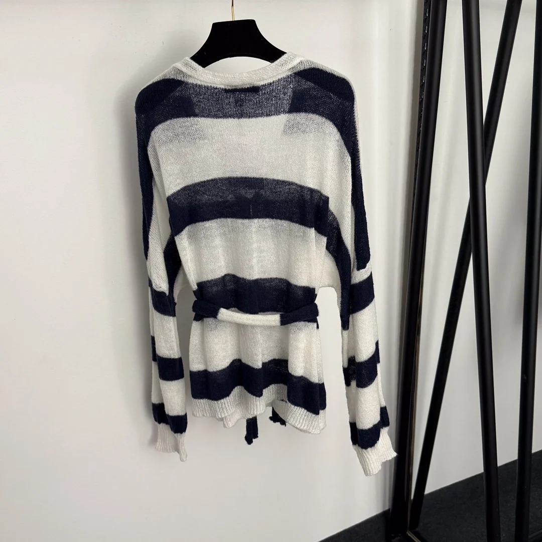 

Early Autumn Women'S Top Striped Color Block Lace-Up Waist V-Neck Long Sleeve Diamond Pearl Brooch Knitted Cardigan Top