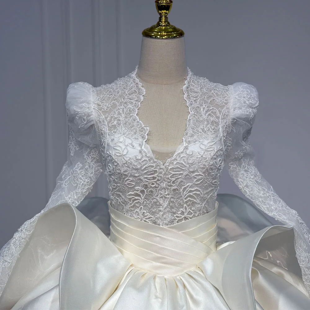 Robe Mariage Femme Mariée Elegant Wedding Dress Pearl Lace Satin Long Sleeves Ball Gown