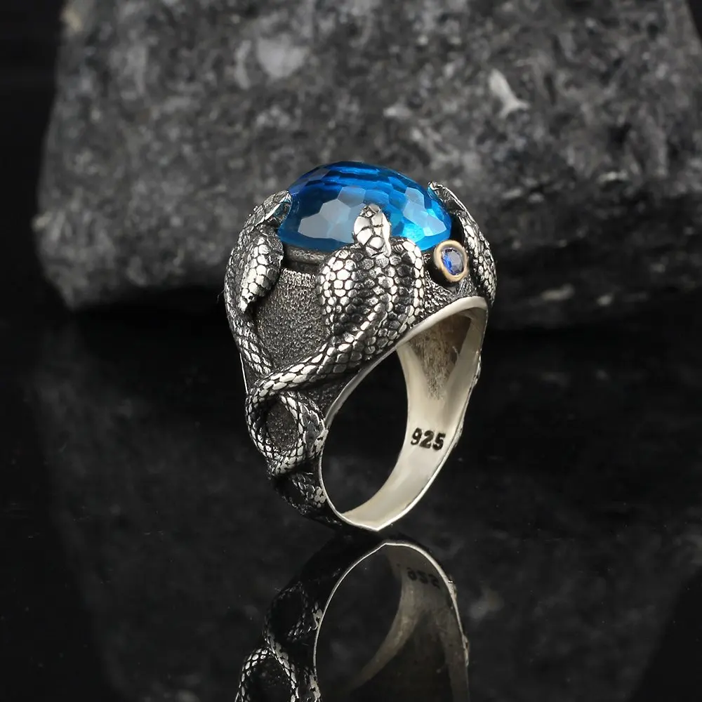 Cobra Model Blue Topaz Gemstone 925 Sterling Mens Silver Ring, Free Shipping, Gift for Men Jewelry, real Natural Stone Vintage Fashion