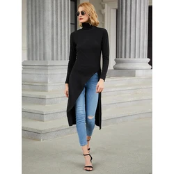 Krisnanas Moda damska Skinny Solid Color Split-Side Koszulki z wysokim dekoltem Topy na co dzień Proste