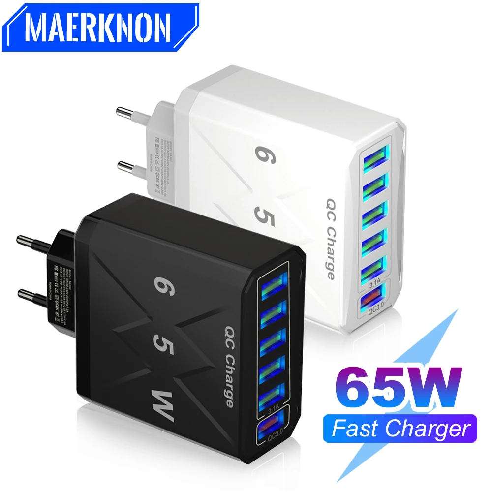 

65W USB Fast Charge Charger QC3.0 Wall Quick Charging Phone Adapter For iPhone 15 Samsung Xiaomi Mobile 6 Ports EU US KR UK Plug