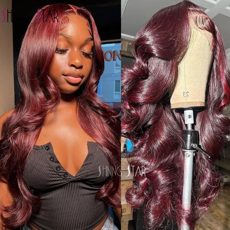 

30Inch Body Wave Wig Burgundy 99J Lace Front Wig 13X4 Hd Lace Frontal Wig Human Hair Pre Plucked 99J Red Colored Lace Front Wigs