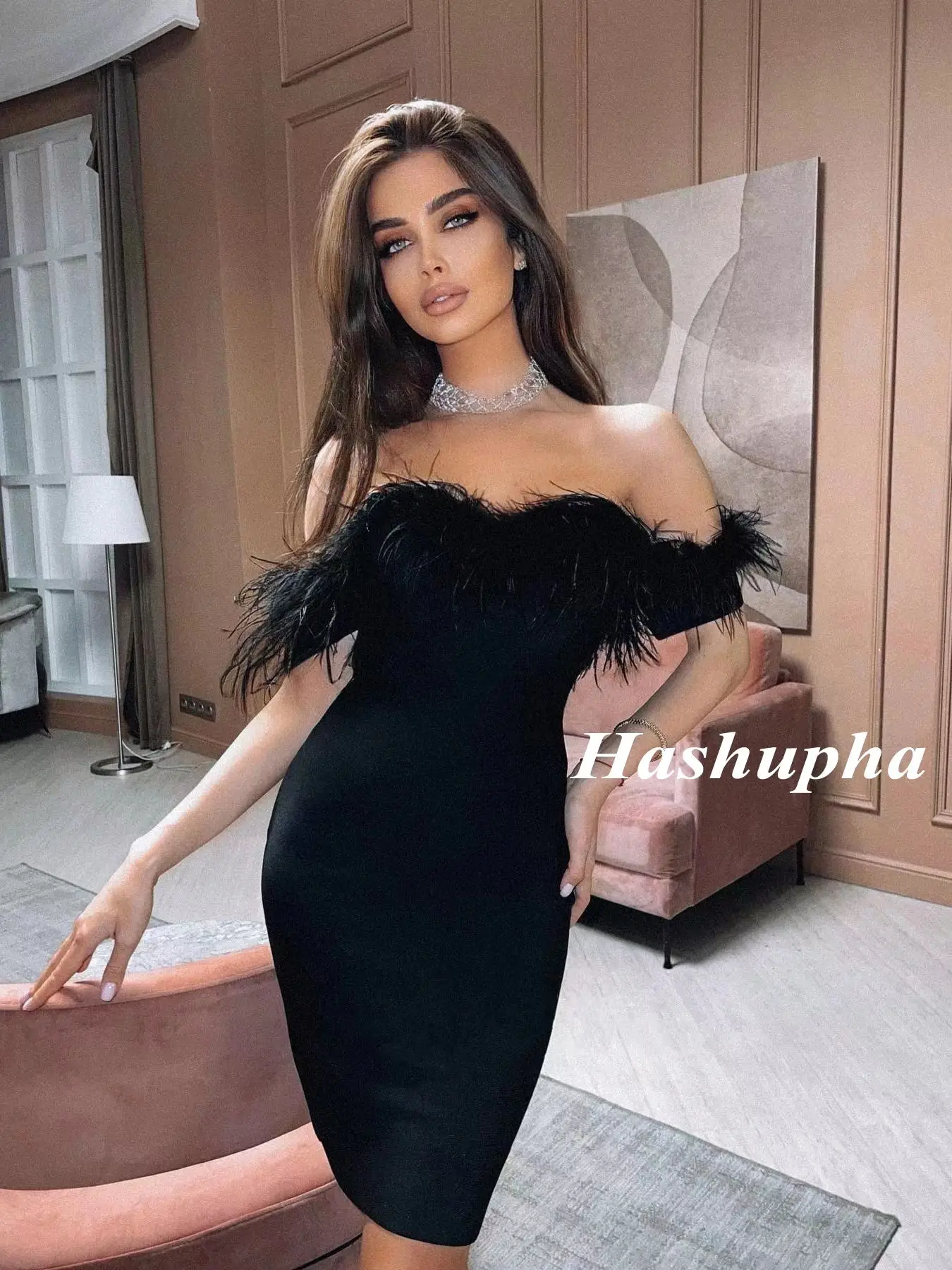Off Shoulder Midi bandażowa sukienka damska pióra Backless seksowna Bodycon 2022 lato V Neck klub Celebrity suknie wieczorowe