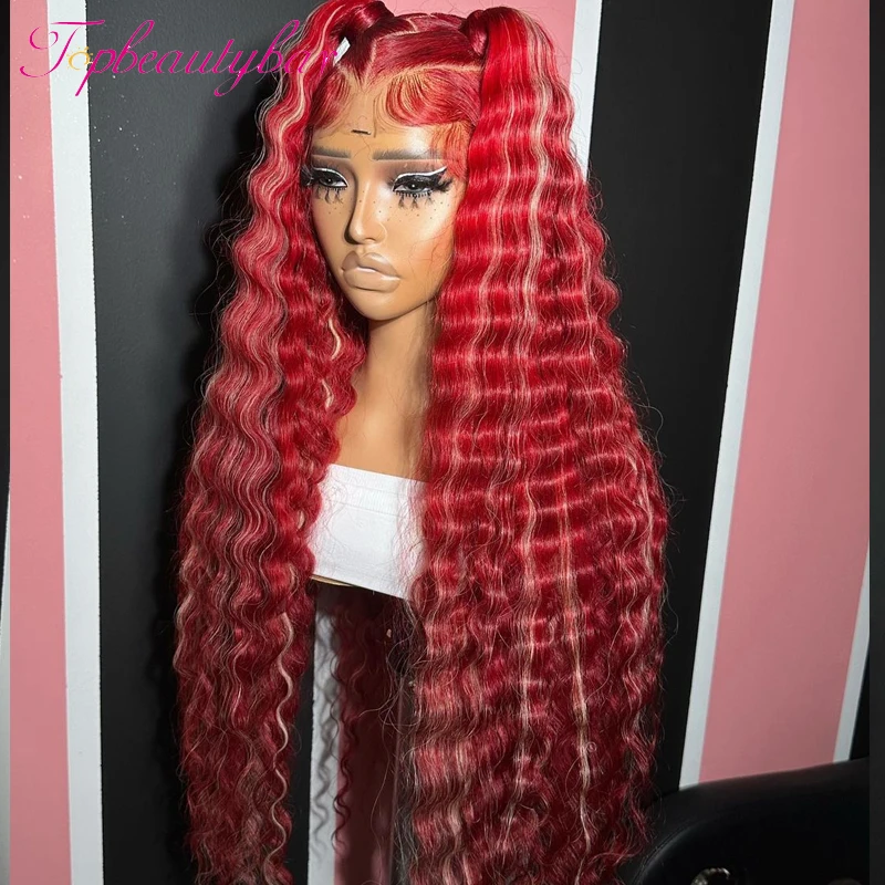 Ombre Red & blonde Wavy Wig 180% Brazilian Remy Lace Frontal Wigs For Women Blonde Highlight 13X4 Lace Front Human Hair Wigs