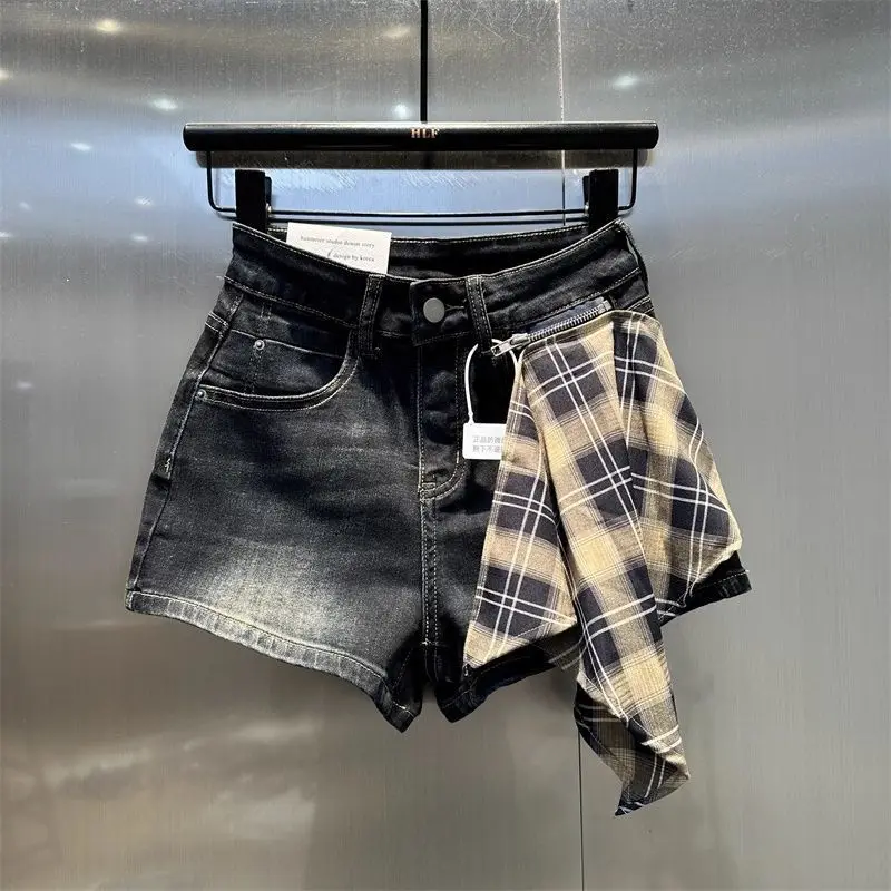 Short taille haute en Patchwork à carreaux noirs pour femmes Y2K American High Street années 2000 rétro Hot Girl Short en jean trapèze à jambes larges