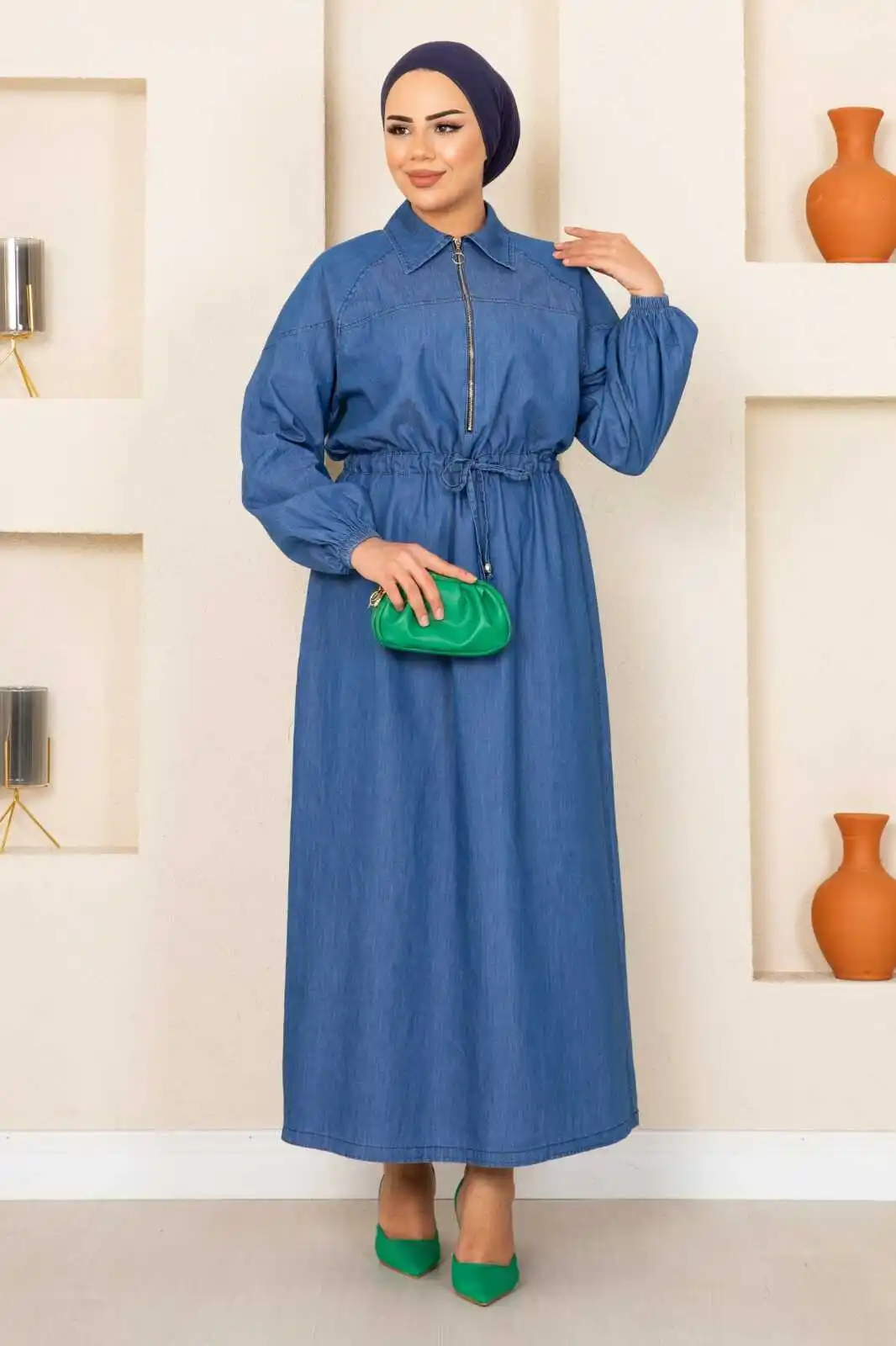 Zippered Hijab Denim Dress Muslim Fashion Hijab Dubai Abaya Long Women With Sashes Islam Clothing African Islamıc Musulman