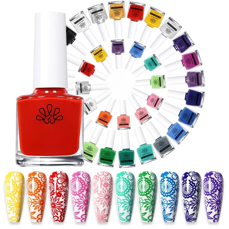 BORN PRETTY 10 ml 25 Farben Nagellack Nail Art Lack mit abziehbarem Nagellatex Schwarz Weiß Bunter Stempellack