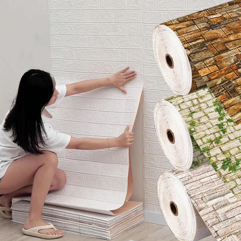 70cm*1m 3D Soft Foam Brick Wallpaper Sticker Roll DIY Self Adhesive Living Room Home Kitchen Bathroom Decorative Wall Paper