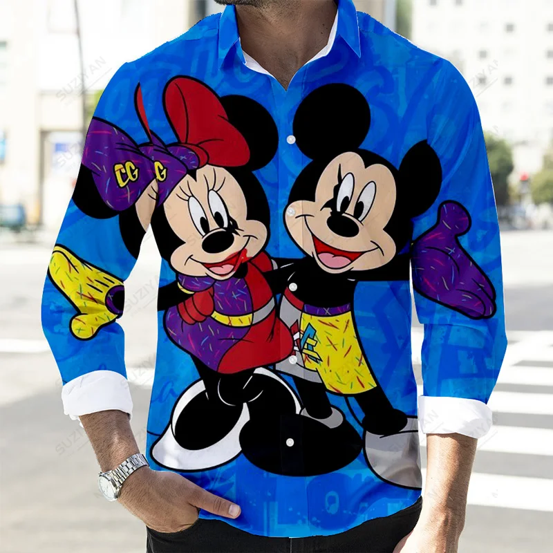 Fall Disney Cartoon Casual 3D Print Men\'s Long Sleeve Lapel Slim Fit Mickey Winnie the Pooh Brand Men\'s Top