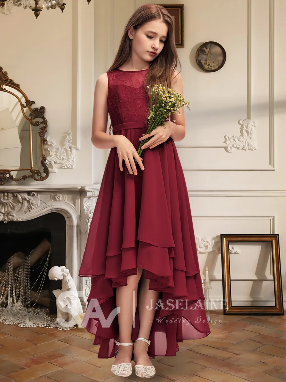 Элегантное асимметричное кружевное шифоновое платье трапециевидной формы для подружек невесты с каскадными оборками, платье с цветочным узором для девочек, свадебная вечеринка