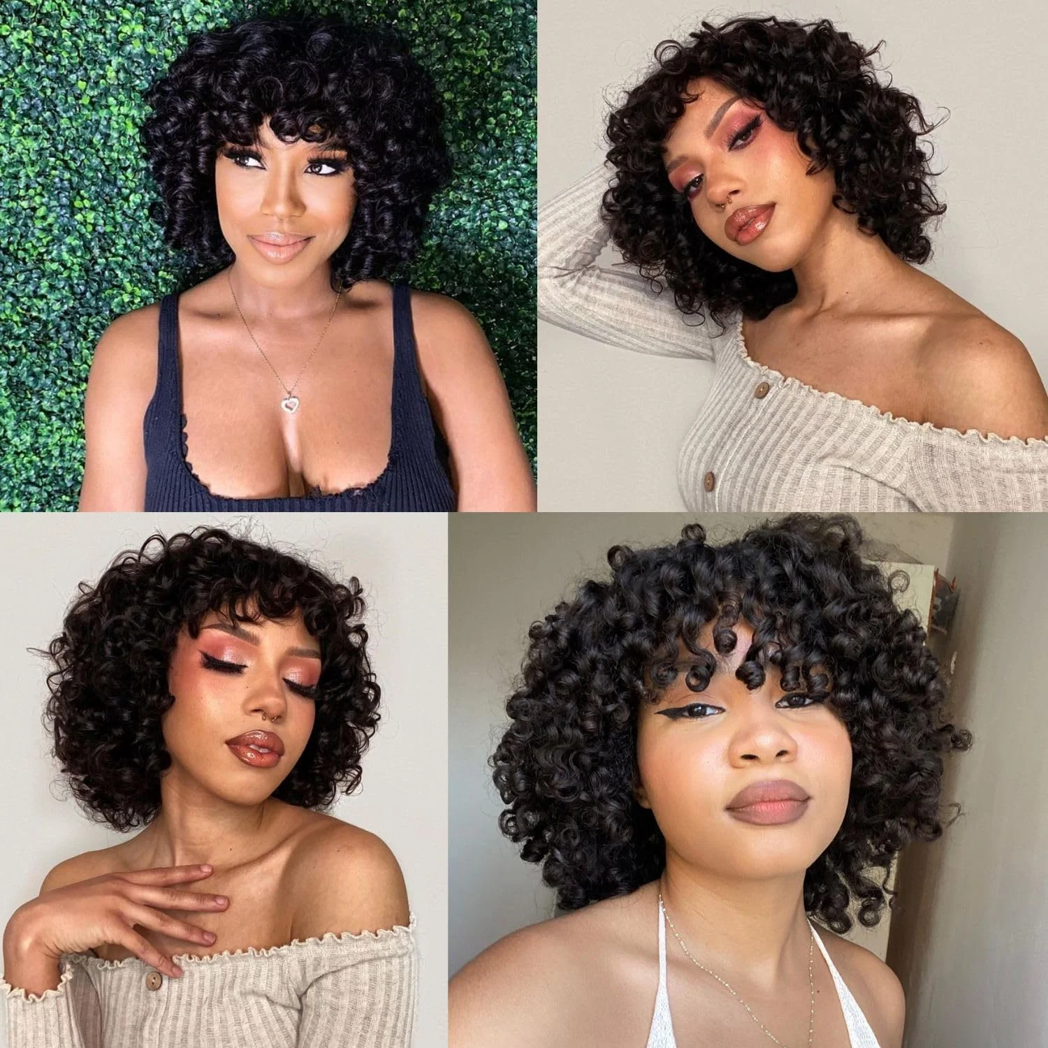 Short Loose Curly Human Hair With Bangs For Women Natural Black Bouncy Rose Curl Wig With Bangs Short Big Curly Glueless Wigs image 5