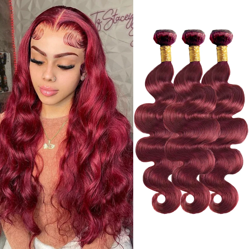 

99J Brazilian 100% Human Hair Bundles Body Wave Burgundy Red Wavy Hair Weave Bundles Curly 1/3/4 PCS Bundle Deals Hair Extension