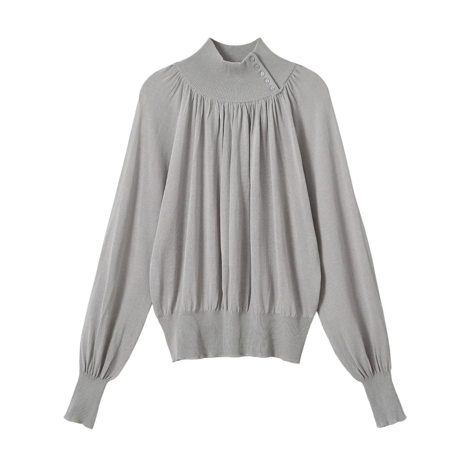 Womens Elegant Mock Neck Knit Sweater Side Button Pleated Front Long Lantern Sleeve Loose Base Pullover Warm Office Tops