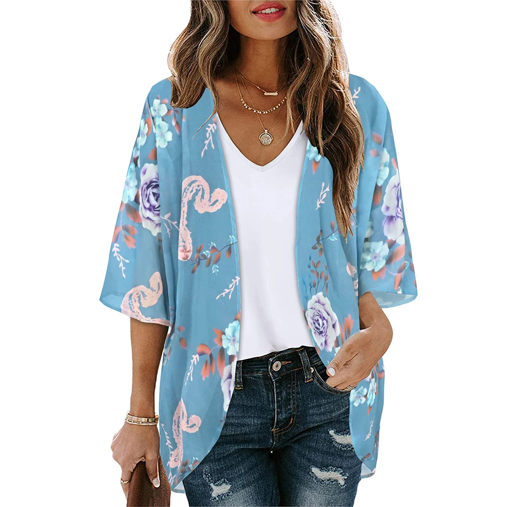 

Women's Vintage Floral Chiffon Shirts Casual Simple Short Sunscreen Blouse Loose Shawl Kimono Cardigan Boho Tops Summer Swimsuit