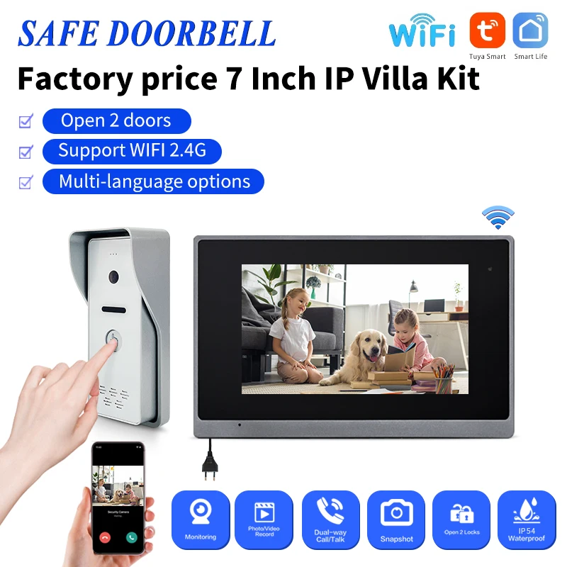 

Manufacturer 7 Inch Tuya Wifi Full Touch Display Smart Lock For Main Door Video Doorbell With Monitor Intercom System For Office