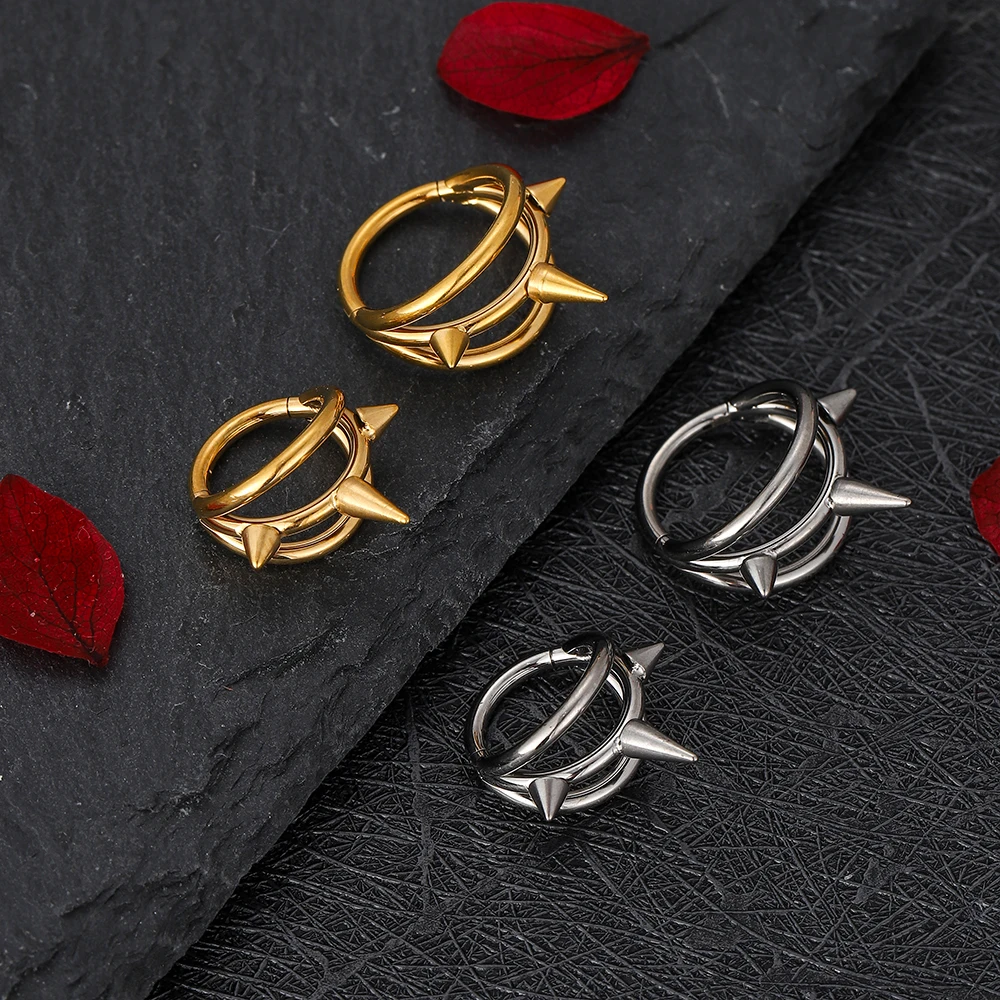 MIiko ASTM F136 G23 Titanium Triple Spike Seamless Hinged Clicker Nose Ring 16G Punk Daith Hoop Helix Septum Piercing Jewelry