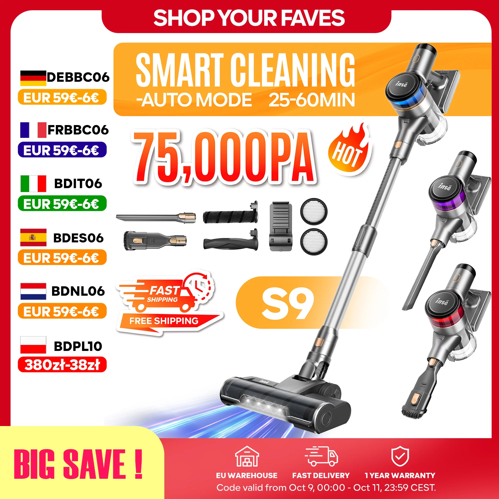 Inse S9 Aspiradora sin cable, 75KPa, Depósito 1L, Pantalla LED, Ideal para pelos de mascotas y alfombras