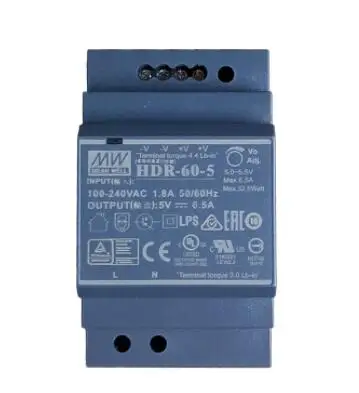 

DR-60-5 new model HDR-60-5 AC-DC Ultra slim DIN rail power supply; Input range 85-264VAC; Output 5VDC at 6.5A; Pass LPS