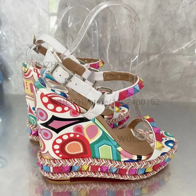 

Colorful Flower Graffiti Wedge Sandals 12Cm Open Ethnic Red Round Brush Rivet Weave Trim Buckle Heels Beach Party Platform Shoes