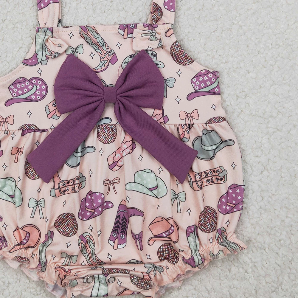 SR2897 Baby Girls Summer Rompers Baby Infant Girls Pink Strap Hats Boots Purple Bow Top Ruffle Rompers
