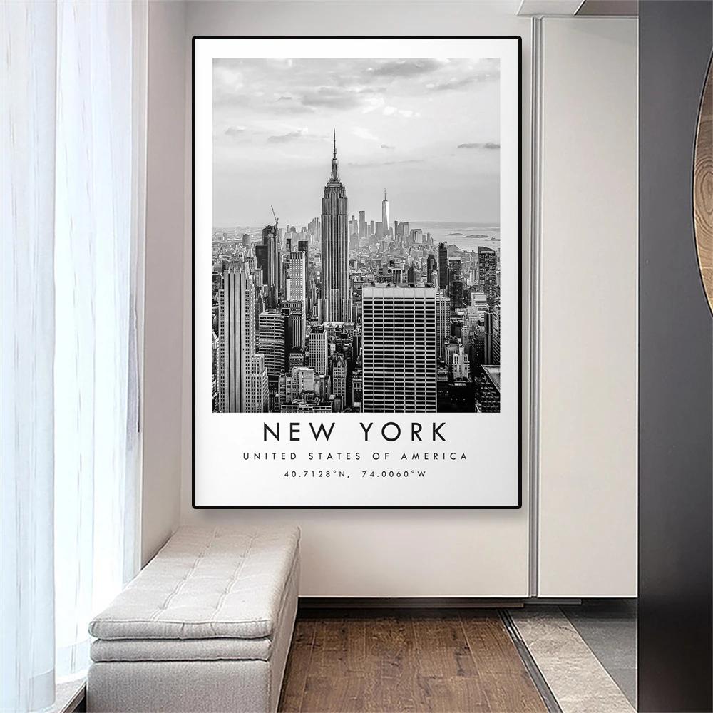 New York Travel Print Poster New York City Black White Print Unique Wall Art Canvas Painting Coordinates Minimalist Home Decor