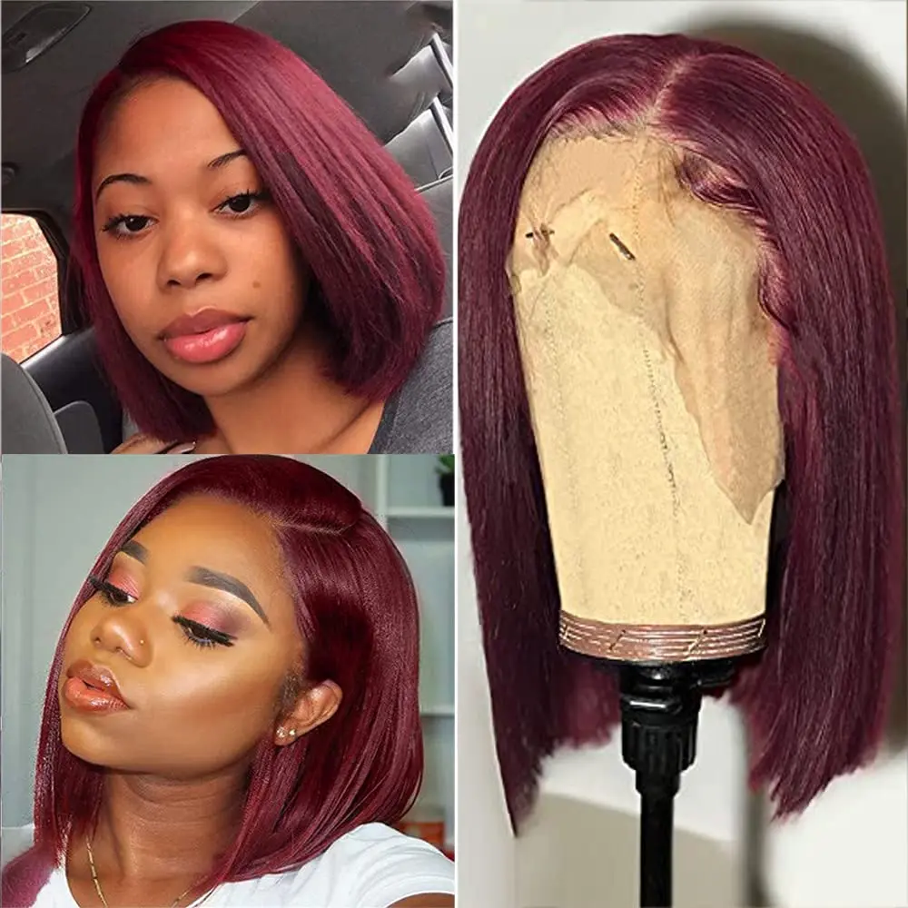 

Burgundy HD Transparent Short Bob Human Hair Wigs Brazilian 99J Red Straight 13x4 Lace Front Wig For Women Pre Plucked