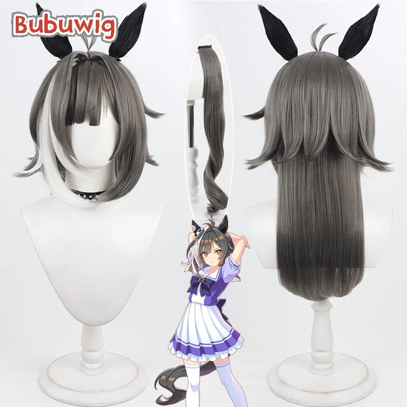 Peluca de cabello sintético Bubuwig para cosplay, peluca de Uma Musume: Pretty Derby, 40 cm, color gris con mechones blancos, resistente al calor.