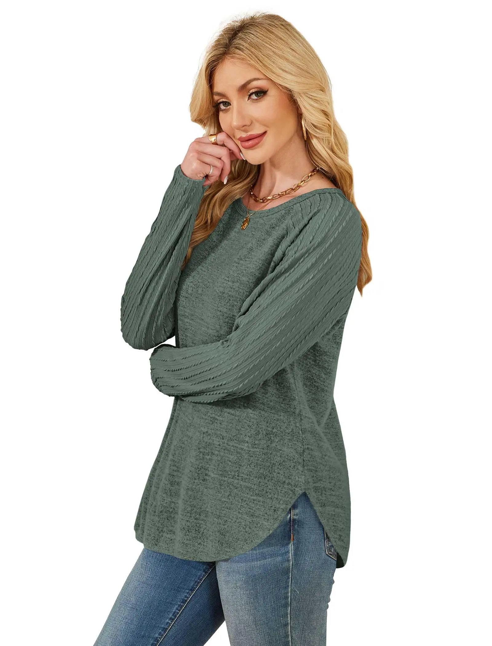 Bluza damska Koszulki z długim rękawem Swetry z okrągłym dekoltem Jesienne stylizacje Modne tuniki 2025 Rozmiary plus size