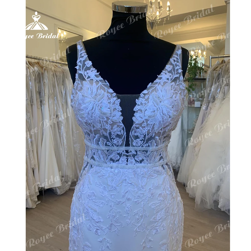 Roycebridal クレープサテンストラップマーメイドウェディングドレス V ネックレースアップリケビーズコートトレインカスタマイズローブマリーボエーム