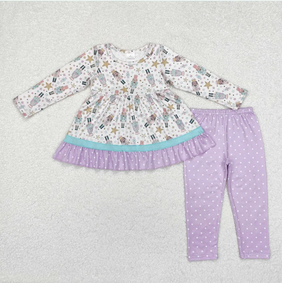 

Christmas GLP1986 Nutcracker Soldier Tunic Top Purple Dots Pants Girls Christmas Clothes Set