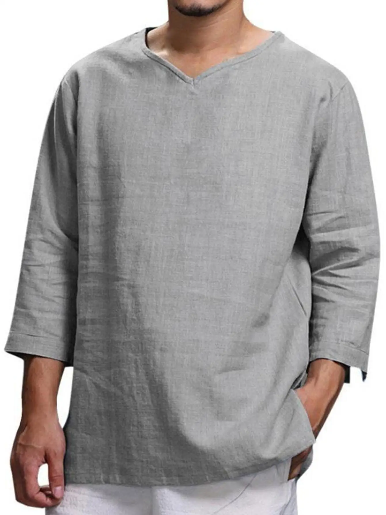 Men's Long Sleeve V-Neck Cotton Linen Loose Shirt