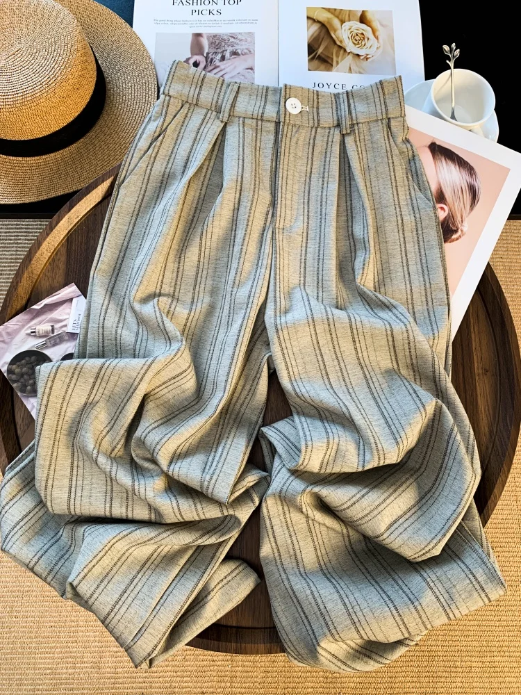 

Women's Khaki Vertical Striped Retro Casual Pants 2025 Autumn New Trend Y2k Harajuku Korean Loose Wide-Leg Trousers Floor Pants