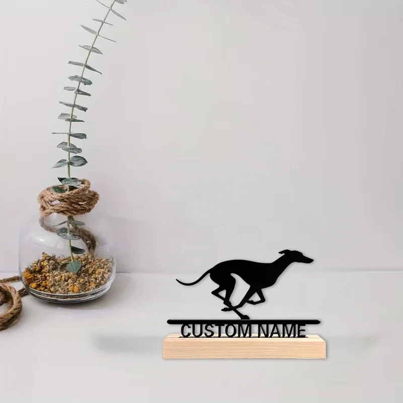 Collectible Figurines - Running Greyhound Dynamic Metal Silhouette Statue, Personalized Custom Name, with Dried Flowers