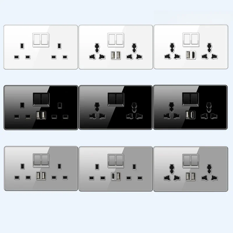 UK 13A Wandsteckdose mit 18 W Typ-C-Schnelllade-Steckdose, doppelte Universal-Steckdose mit Glasscheibe und schneller USB-C-Aufladung