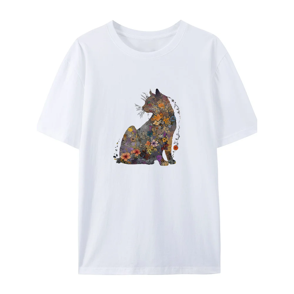 花 & 猫印刷グラフィック Tシャツ女性の綿半袖 Tシャツ夏のストリートトップスファッションクルーネックルーズ女性服