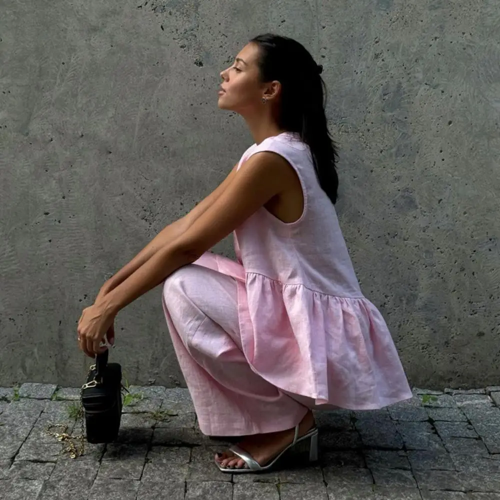 المرأة فضفاضة الوردي 2 قطعة مجموعات الخامس الرقبة أكمام تانك الأعلى عالية الخصر السراويل واسعة دعوى الصلبة أنيقة عارضة مكتب سيدة وتتسابق