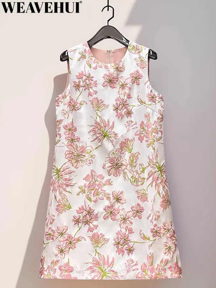WEAVEHUI Women Sweet fresh age reduction O-Neck Sleeveless Jacquard Beading Summer Mini Vest Dresses