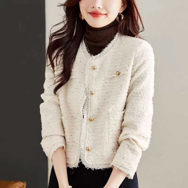 

2023 Tweed Fragrant Coat Women's Autumn Winter New Loose Long Sleeve Jackets Y2K Streetwear Woolen Outerwear