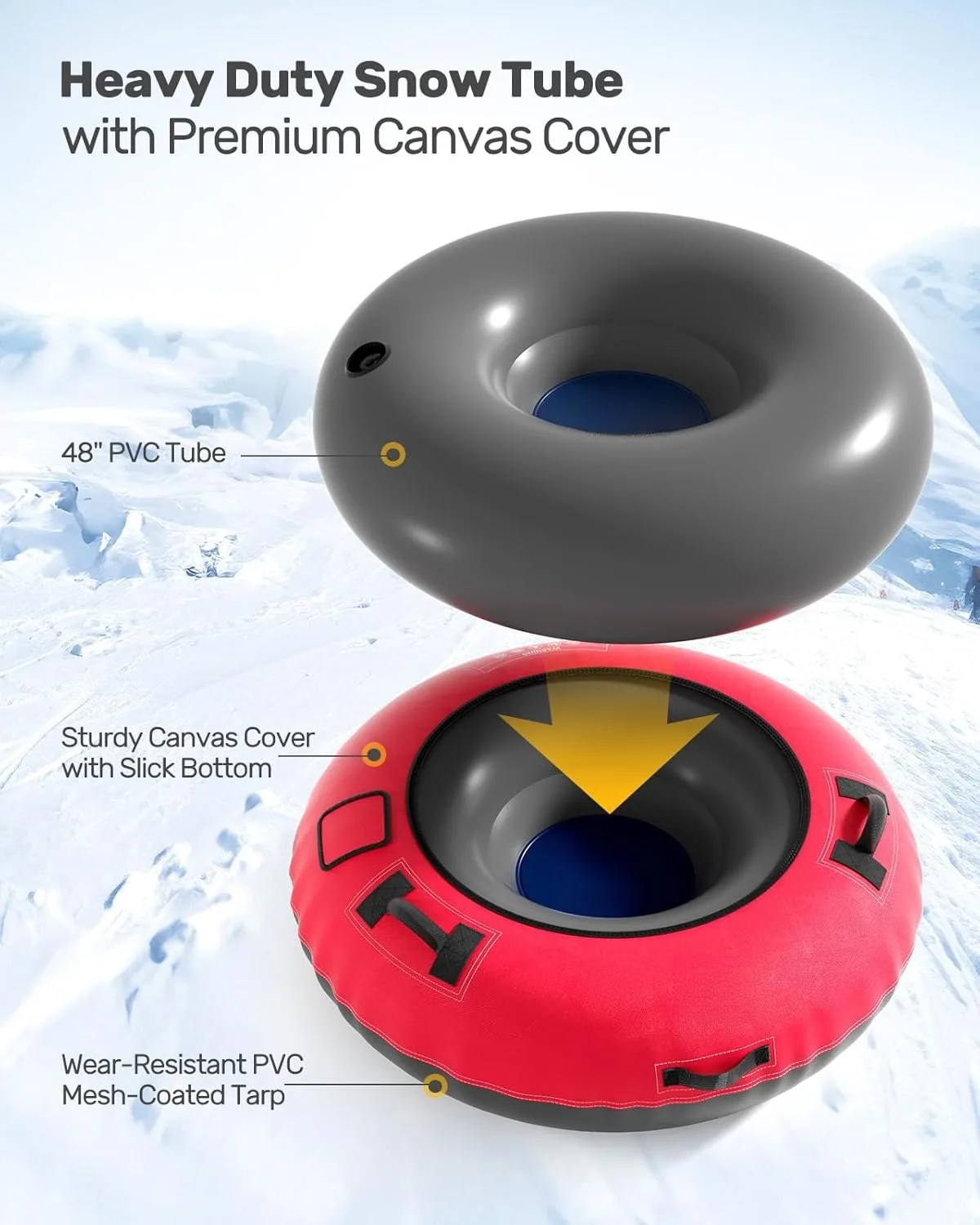 2-pack with premium canvas cover, suitable for kids and adults, 48-inch inflatable heavy-duty snow tube, made with thickened bot